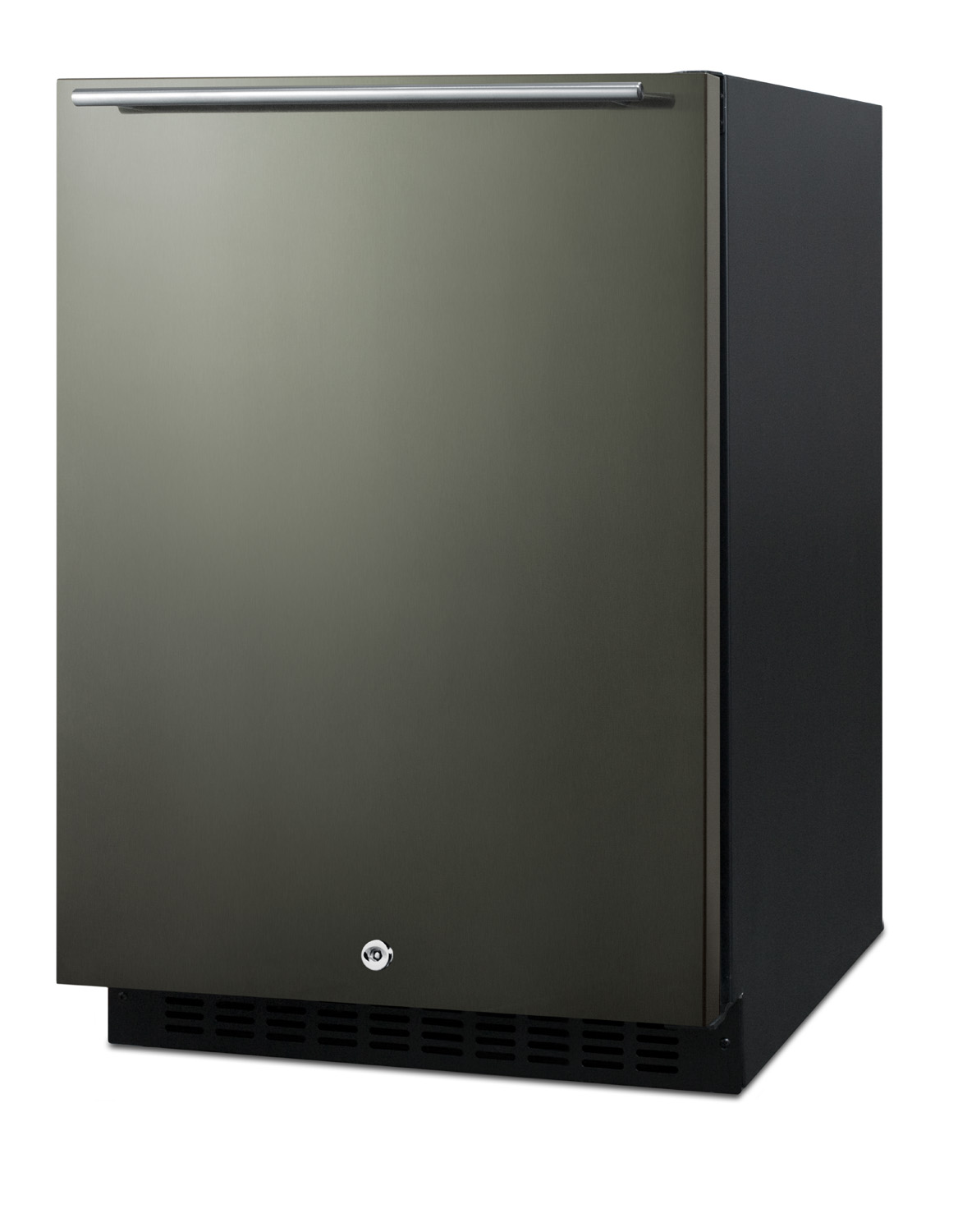 Built-in undercounter ADA compliant all-refrigerator with black stainless steel door, horizontal handle, black cabinet, door storage, and digital controls